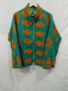 Chaqueta de Lana Verde para Mujer, Tejida a Mano, Bordada, con Patrón Naranja, Manga Larga, para Invierno - Product Image 2