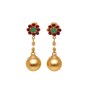 Kemp Gold Plated Pearl Hoop Stud Pendant Earrings-Ethnic Religious Trendy Ball Design - Product Image 2