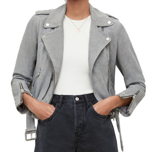 Light Gray <b>Suede</b> <b>Women's</b> Winter Custom Windproof Moto Biker <b>Jacket</b> Zip Front Button-Up Outerwear Casual Streetwear - Product Image 2