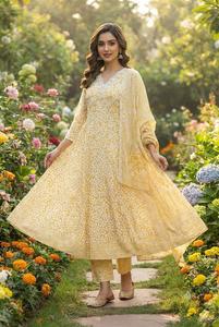 Ensemble Anarkali Kurta pour femmes, imprimé floral jaune, col en V, robe évasée, pantalon assorti, dupatta, tenue traditionnelle élégante décontractée ethnique - Product Image 6