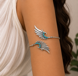 Natural Turquoise Angel Wing Upper Arm Cuff <b>Bracelet</b> Silver Plated Handmade Adjustable Armlet <b>Boho</b> Statement Jewelry for Women - Product Image 2