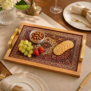 Bandeja de Servir Multifuncional de Madera Esmaltada Hecha a Mano, Diseño Moderno Premium, Patrón Decorativo de Naturaleza Muerta, Asas de Metal Dorado, Rectangular - Product Image 2