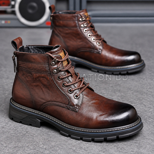 Botas de cuero genuino marrón con cordones, punta redonda, suela de goma antideslizante, para todas las estaciones, zapatos gruesos, calzado al por mayor de Bangladesh - Product Image 3