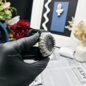 Luxury VVS Moissanite Analog Digital <b>Watch</b> Silver Round Case Rubber Band Round <b>Black</b> Dial Unisex - Product Image 3
