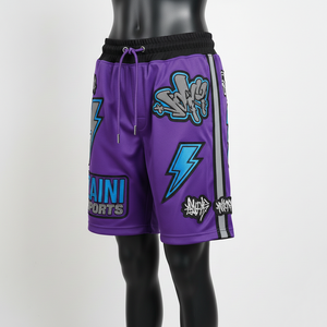 กางเกงบาสเก็ตบอลผู้หญิงผ้าโพลีเอสเตอร์ตาข่ายคุณภาพสูง สีม่วง แห้งเร็ว แต่งแถบสีตัดกัน พร้อมโลโก้สั่งทำพิเศษ - Product Image 5