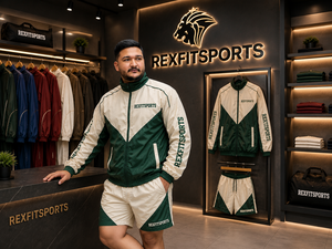 ชุดแจ็คเก็ตและกางเกงขาสั้นผู้ชายแบบมีฮู้ด รุ่น REXFIT SPORTS 2026 ผลิตจากไนลอน สีครีมเขียว ชุดกีฬาแทรคสูท แบรนด์ส่วนตัว - Product Image 2