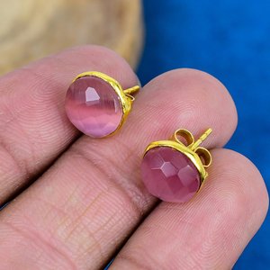 Boucles d'oreilles en pierres précieuses rondes en quartz rose naturel Monalisa, finition or 18 carats sur argent sterling 925 - Product Image 2