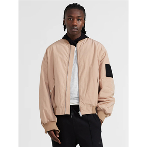 Blouson bomber beige pour homme avec patch noir sur la manche, fermeture éclair, style décontracté, vêtement d'automne - Product Image 4