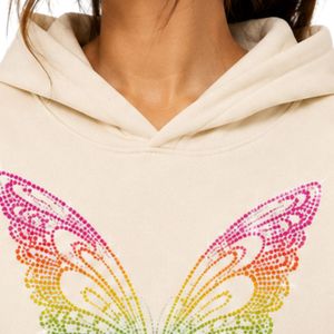 Sweat à capuche personnalisé blanc avec strass papillon arc-en-ciel pour femme, pull oversize en polaire, streetwear décontracté d'hiver - Product Image 6
