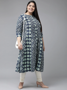Blue Geometric Printed Cotton A LINE Kurti With Round Neck And Three Quarter Sleeves For <b>Plus</b> <b>Size</b> Women's Wear - Product Image 5