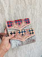 Set Peralatan Tangan 2 Pola Bunga 100% Kulit Asli Tempat Paspor Penutup Kancing Panjang Pendek Anti Maling Wanita