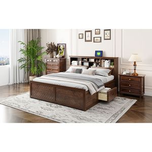 Letto King-Size con Piattaforma in Legno Anticato, Testiera Multi-Scomparto e Cassetti con Porte USB - Product Image 6