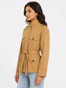 Abrigo Trench Utilitario Camel para Mujer, Cuello Alto, Manga Larga, Cinturón, Cortavientos, Color Sólido, Cierre con Botones - Product Image 2