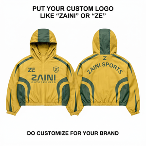 เสื้อแจ็คเก็ตกันลมโพลีเอสเตอร์ 110 GSM สีเหลืองมัสตาร์ด แต่งสีเขียว พร้อมโลโก้แบบรีดร้อนตามสั่ง มีฮู้ด เหมาะสำหรับเล่นกีฬา - Product Image 1