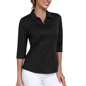 Polo de Mujer con Cierre de Cremallera, Manga Tres Cuartos, Estilo Deportivo, para Golf, Casual, Color Negro Jaspeado - Product Image 1