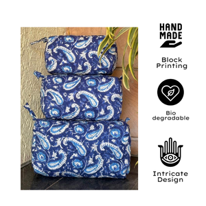 Bohemian Paisley Jaipur Hand Block Print Quilted Cotton Cosmetic Bag Set Zip Closure Travel Storage Gifting Daily Use <b>Men</b> Women - Product Image 2