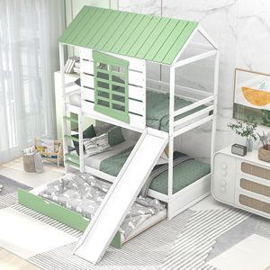 Letto a castello bianco e verde per bambini con scivolo convertibile e letto estraibile - Product Image 2