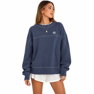 Contrast Stitch Women's Oversized Crewneck Sweatshirt Cotton Fleece Drop Shoulder Blue High Street Hoodies ODM Private <b>Label</b> - Product Image 1