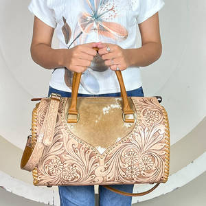 Luxury Women's Vintage Embossed Floral <b>tooled</b> Genuine cowhide <b>Leather</b> Large Capacity Travel Duffel Bag Fashion Tote speedy bag - Product Image 3