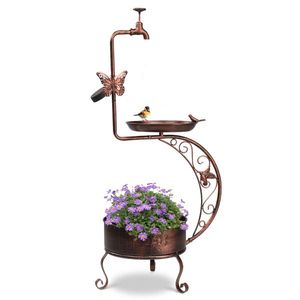 36-Inch Vintage Metal Garden Bird Bath with Solar Lamp Flower Planter Pedestal Outdoor Standing Bird Feeder Solar Garden Lights - Product Image 1