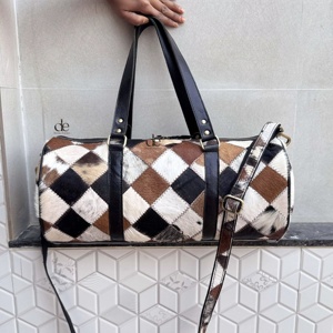 Nouveauté : Sac de voyage en cuir de vache véritable, motif à carreaux, sac fait main, sac de voyage unisexe, multi-usages, grand format, sac de voyage de grande taille - Product Image 1