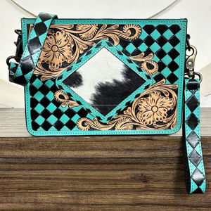 Bolso Bandolera de Cuero Repujado a Mano, Nuevo Modelo 2025, Diseño Cuadriculado Turquesa y Negro, Estilo Western, con Correa para la Muñeca - Product Image 6