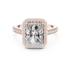 Anillo de Compromiso Vinson Project de Lujo con Moissanita de Corte Radiante y Halo, Estilo Art Deco, Banda con Acentos Pavé, Chapado en Oro Rosa sobre Acero Inoxidable - Product Image 1