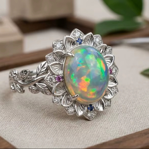 Natural Welo Fire <b>Opal</b> Christian Engagement <b>Ring</b> 925 Sterling Silver Pave Flower Leaf Design October Birthstone Jewelry Gift - Product Image 1