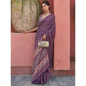 Gorgeous <b>Purple</b> Digital Printed Crepe Festival Wear <b>Saree</b> With Blouse - Product Image 4