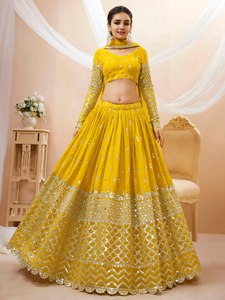 Yellow <b>Sequin</b> Embroidered Lehenga Choli With V-Neck <b>Crop</b> <b>Top</b> And Full Sleeves Floor-Length Bridesmaid Dress A-Line Silhouette - Product Image 4