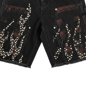 Pantalones Cortos Vaqueros de Algodón Vintage de Alta Calidad para Hombre con Logotipo Personalizado de Pedrería, Lavado Ácido y Efecto Desgastado por el Sol - Product Image 4