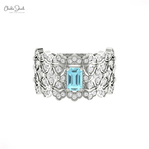 Hot Selling 6x4mm Octagon Cut Aquamarine Gemstone Cocktail <b>Ring</b> with 14k Solid Gold Diamond Signature Wedding <b>Ring</b> for <b>Couple</b> - Product Image 3
