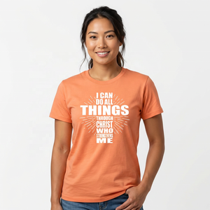 เสื้อยืดผู้ชายสีส้ม "ฉันสามารถทำทุกอย่างโดยพระคริสต์ผู้ทรงเสริมกำลังฉัน" พิมพ์ลายลำลองแขนสั้นคอกลมผ้าเจอร์ซีย์ผ้าฝ้าย - Product Image 4