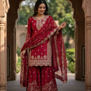 Conjunto de traje palazzo de seda GMY pura con bordado pesado y lentejuelas, mangas largas, listo para usar, atuendo étnico festivo para mujer - Product Image 1