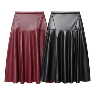 Women's High Waist A-Line PU Leather <b>Skirt</b> Solid Color Knee-Length Shiny Midi <b>Skirt</b> All Seasons Wear - Product Image 1