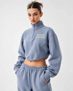 Onceten Apparels Cropped Half <b>Zip</b> <b>Sweatshirt</b> Oversized Fleece Solid Color Stand Collar Embroidered Front Unisex OEM Service - Product Image 2