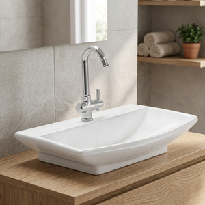 Lavabo de salle de bain artistique rectangulaire moderne en céramique à poser sur comptoir avec accessoire de vidange - Product Image 1