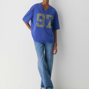 Camiseta de Hip-Hop Personalizada con Logotipo, Azul Sólido, Estilo Vintage Lavado, Holgada, Casual, para Hombre y Mujer, 100% Algodón, Cuello en V, Manga Corta - Product Image 4