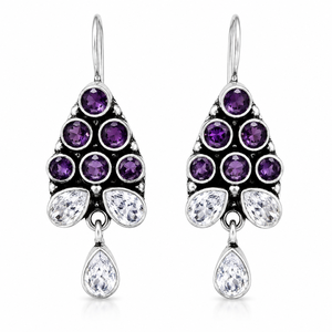 Latest <b>Oxidized</b> Silver Flower Boho Tribal Women's Drop Earrings | Amethyst Crystal Bezel Dangle Earrings for Global Supplier - Product Image 1