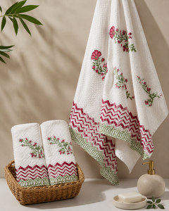 Handmade Jaipuri Floral Towel <b>Set</b> 3-Piece Block Printed Cotton Quick Dry Lightweight Skin Friendly Soft Dye for Beach Home Hotel - Product Image 1