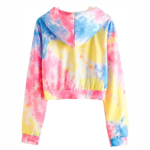 Sweat-shirt à capuche court tie-dye coloré pour femme, à manches longues et cordon de serrage, style streetwear décontracté, vente en gros - Product Image 2