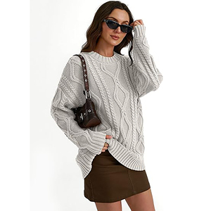 <b>Women</b> Oversized Korean Style Thick <b>Cable</b> <b>Knit</b> Crewneck <b>Sweater</b> Regular Sleeve Solid Black Pullover Casual Autumn Winter Knitwear - Product Image 3