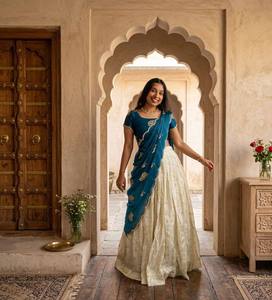 Ensemble Lehenga Choli en Soie Chinnon de Haute Qualité pour Femme – Tenue Traditionnelle Élégante pour Fêtes et Diwali, Couleurs Riches Teal et Plus Encore - Product Image 1