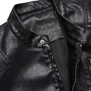 Chaqueta de Moto para Hombre de Cuero Genuino Ecológico con Bloques de Color Frontales, Cuello Alto, Cierre de Cremallera, Negro Sólido, Ajuste Delgado Regular - Product Image 5
