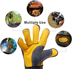 Guantes de Soldadura de Cuero, Color Amarillo Grisáceo, Resistentes a Salpicaduras de Metal Fundido, con Puño Largo, para Trabajo - Product Image 3