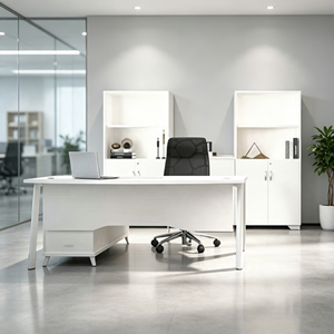 Bureau de direction rectangulaire moderne blanc AY Office System avec armoire de rangement en aggloméré mélaminé pour la maison et le bureau - Product Image 1