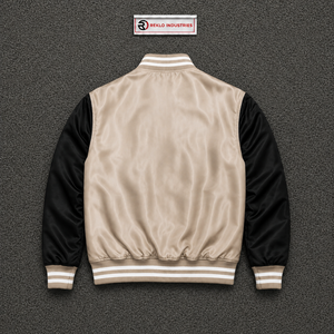 Chaqueta Varsity de Satén Beige y Negro para Hombre, Chaqueta Bomber Premium de Béisbol con Mangas Negras en Contraste y Cuello Acanalado a Rayas - Product Image 6