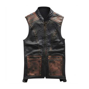 Custom <b>Men</b> Vintage Distressed Genuine Leather Club <b>Vest</b> <b>Slim</b> Fit Collarless Waistcoat with Snap Buttons and Pockets - Product Image 3