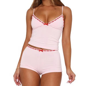 Conjunto de Salón de Punto Satinado Rosa para Mujer, sin Mangas, con Tirantes, Shorts Sexys, Detalle de Lazo Sólido, Cintura Elástica, para Invierno y Otoño - Product Image 1