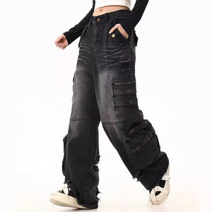 Vaqueros Cargo de Mujer Vintage Personalizados de Cintura Baja y Pierna Ancha, Lavados, de Ajuste Holgado, Transpirables, Estilo Urbano, Pantalones de Mezclilla de Verano - Product Image 4